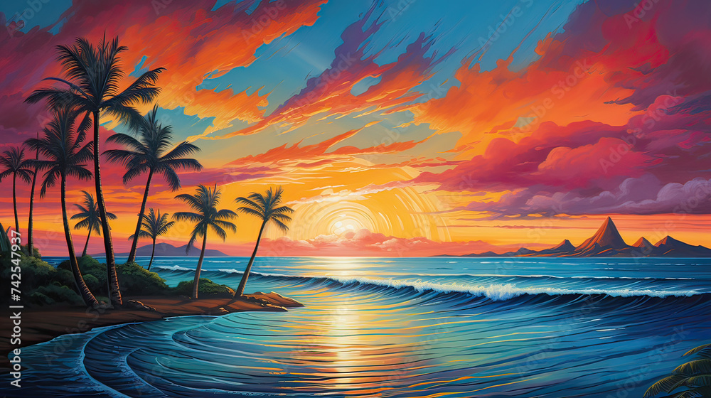 A vibrant sunset sky with a blend of warm and cool colors, a tropical paradise background Ai Generative