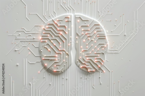 AI Brain Chip dioxide. Artificial Intelligence neurotransmitter mind cognitive neuroprosthesis axon. Semiconductor huntington disease circuit board digital optimization photo