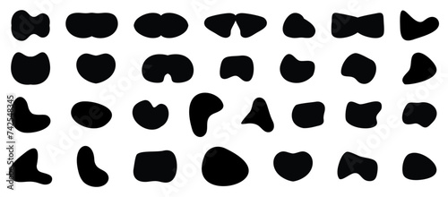 Blob shape organic set. Random black cube drops simple shapes. Pebble, inkblot, drops and stone silhouettes. Collection of paint liquid black blotch spot irregular form