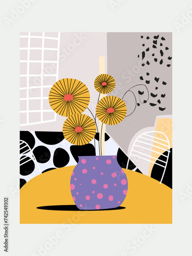 Abstract flowers and plants on pots, vases with hand drawn background vector for decoration, poster, cover, wall art, cards and prints. © Suryadi