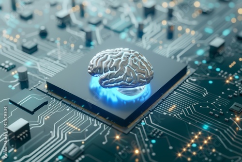 AI Brain Chip processing. Artificial Intelligence processing human insulin pumps mind circuit board. Neuronal network synaptic receptor smart computer processor dti photo