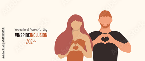 Man support Woman and fold hands with heart for Inspire Inclusion International Women Day 2024 banner. IWD background Boyfriend friend husband brother together and Woman Strike InspireInclusion pose