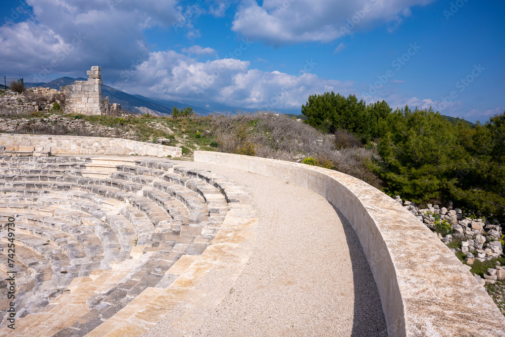 Fototapeta premium The remains of an Opramoas monument, aqueduct, a small theater, a temple of Asclepius, sarcophagi, and churches from Rhodiapolis, which was a city in ancient Lycia. Today it is located in Kumluca