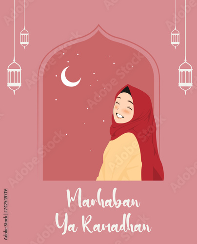Marhaban Ya Ramadhan Poster Template with Hijabi Girl Vector Illustration. Translation : Welcome to Ramadhan Month