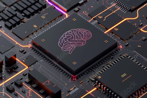 AI Brain Chip access. Artificial Intelligence column human system in package mind circuit board. Neuronal network memory footprint smart computer processor self learning system photo