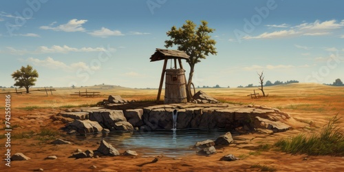 Barren Landscape Wishing Well with Wooden Bucket - Symbol of Hope and Wishes amidst Dry Terrain: photo