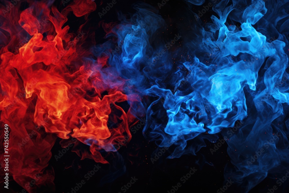 Blue Fire on Black Background. Abstract Bright Burning Flames in Cold Blue and Red Colours Creating