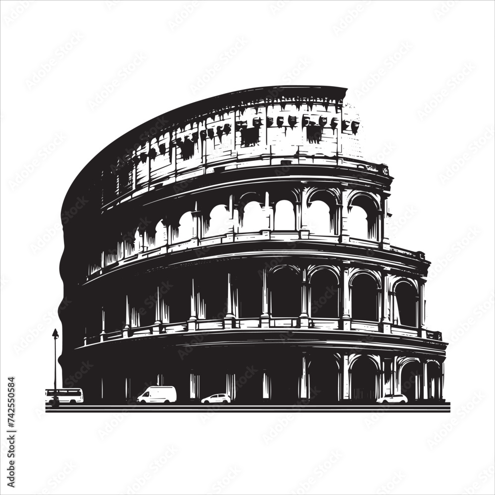 Silhouettes of the Colosseum Rome isolated on white background