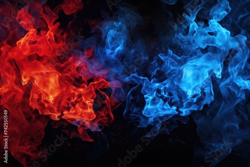 Blue Fire on Black Background. Abstract Bright Burning Flames in Cold Blue and Red Colours Creating