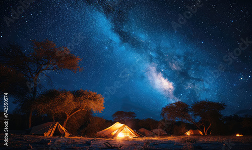 Camping under the Serengeti Stars: Capture the Magic of a Starry Night Sky Blanketing the Campsite, Where Adventure and Nature Unite in Perfect Harmony.