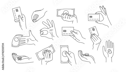 Money hand gestures set. Collection of isolated sketch signs with cash, banknote, coins, bank credit card on white background. Line fingers holding and showing various types of payment. Finance vector
