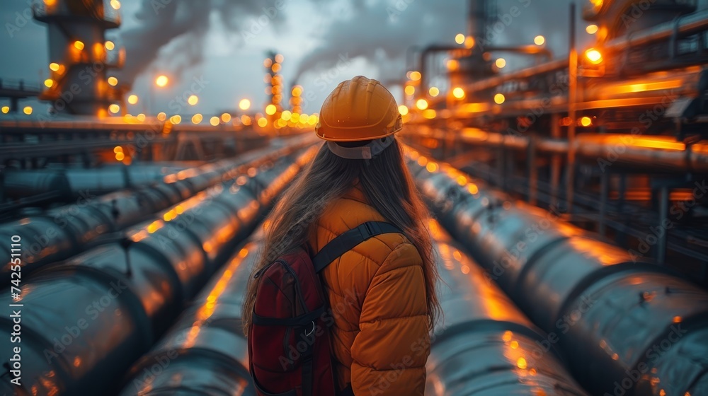 chemical industry plant - workers in work clothes in a refinery with pipes and machinery .pipeline bridge chemical industry plant - workers in work clothes in a refinery with pipes and machinery .pipeline bridge
