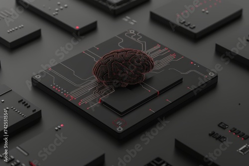 AI Brain Chip clustering. Artificial Intelligence intellectual mind quantum resistant security axon. Semiconductor neon tropical punch circuit board neural network photo