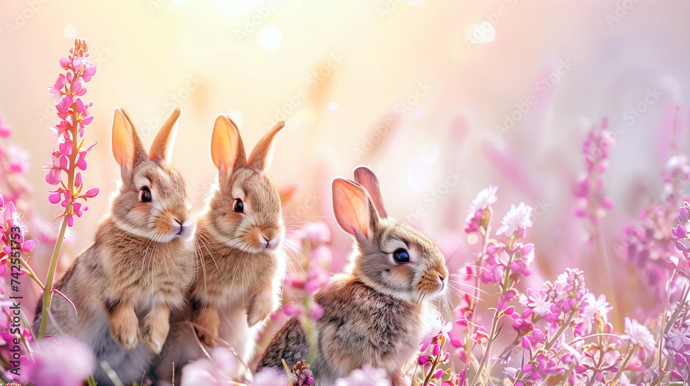 Three rabbits nestled in a colorful field of pink flowers bathed in a soft sunlight glow Three rabbits nestled in a colorful field of pink flowers bathed in a soft sunlight glow