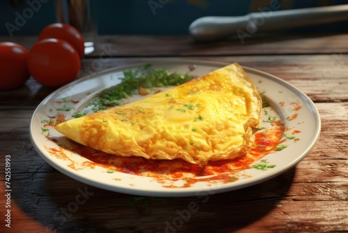 French omelette with herbs on a white plate with tomatoes on a wooden table.