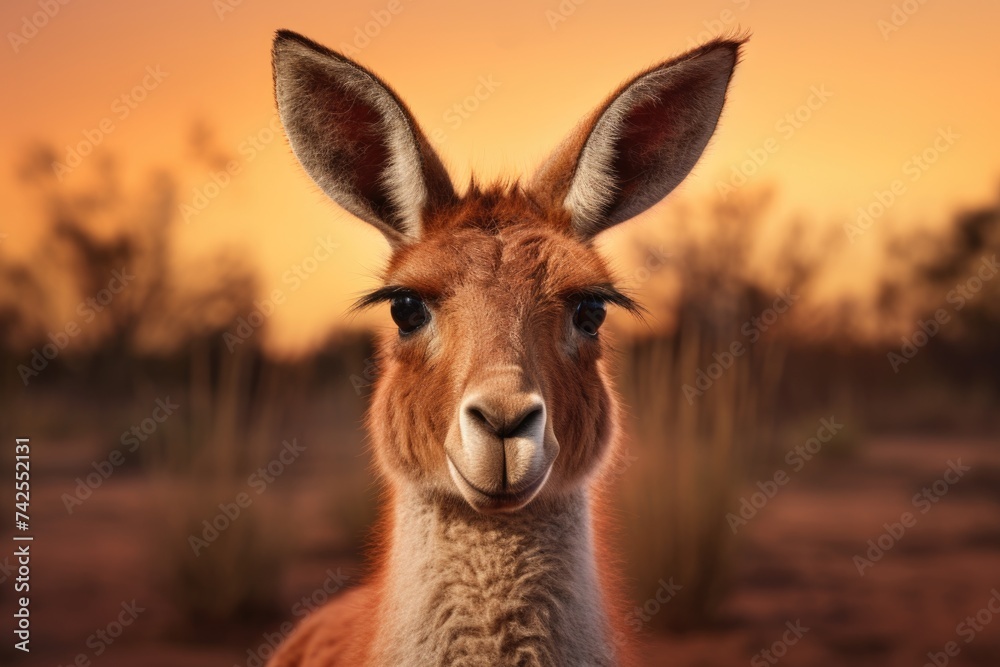 Kangaroo in the Australian outback at sunset. Wildlife portrait with copy space.