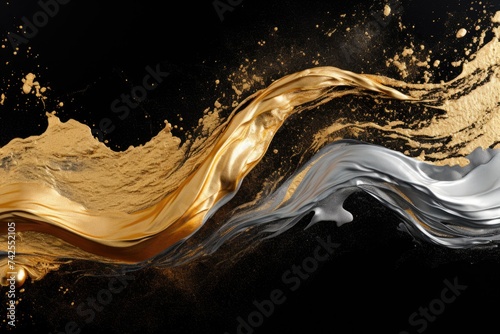 Golden and silver fluid art with black background.