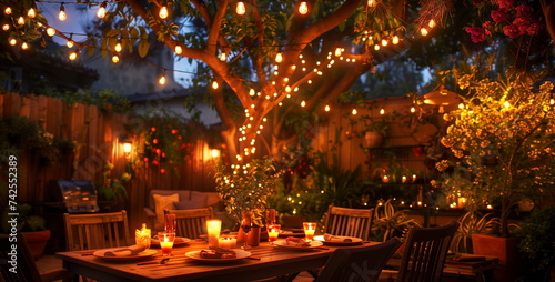 An inviting outdoor dining area lit by warm string lights during twilight with plants surrounding