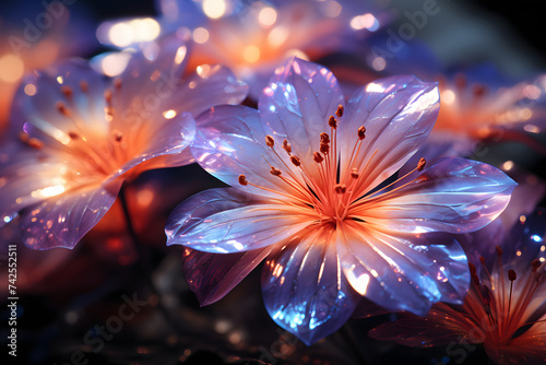 Holographic Flowers. Close up of Colorful Plants in The Forest with Shiny Effect