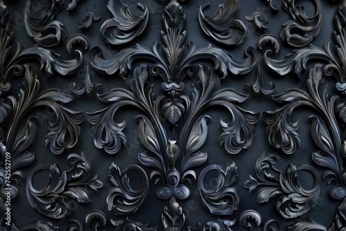 Ornate black baroque floral patterns on a dark background.
