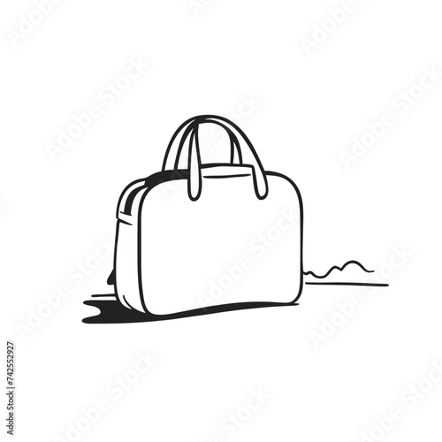 Travel women's bag. Sketch of a women's bag. Stylish bag. Luggage valise with wheels and retractable handle black line sketch on white background.