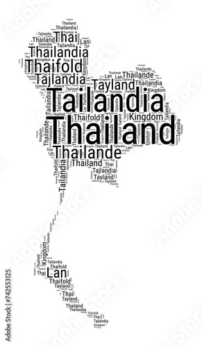 Black and white word cloud in Thailand shape. Simple typography style country illustration. Plain Thailand black text cloud on white background. Vector illustration.