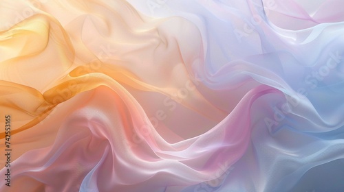 Abstract background inspired by the serene dawn of Eid al-Fitr. Light transparent fabric. Smooth gradient of soft pink, golden yellow, and pale blue. AI Generated