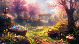 A whimsical Easter egg hunt in a lush garden with baskets, flowers, and eggs hidden in the grass