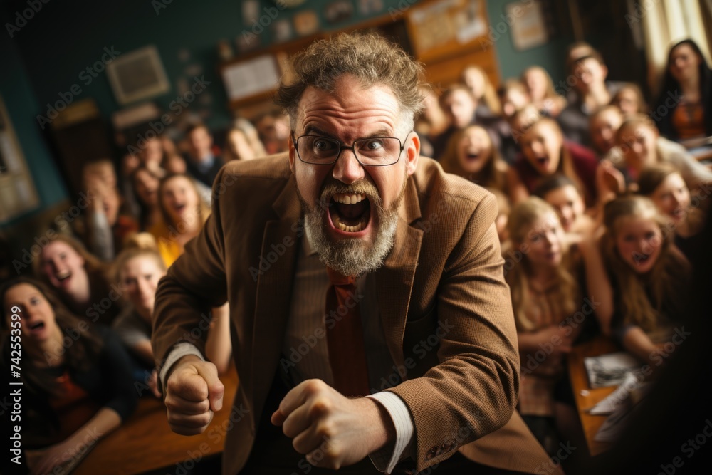 Excited male teacher with students in background.