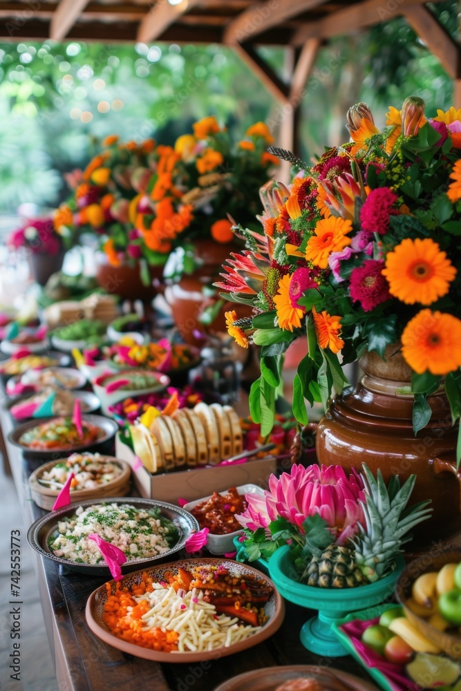 Colorful buffet spread with vibrant flowers.