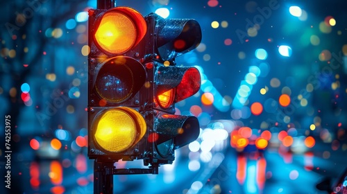 Close-up of a traffic light showing red and yellow on a wet urban street with colorful bokeh lights. photo