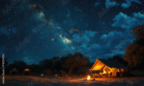 Camping under the Serengeti Stars  Capture the Magic of a Starry Night Sky Blanketing the Campsite  Where Adventure and Nature Unite in Perfect Harmony.