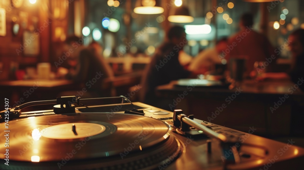 Naklejka premium Concept of vinyl and listening bar, communication and musical experiences, retro music, music socializing and audiophile community. 
