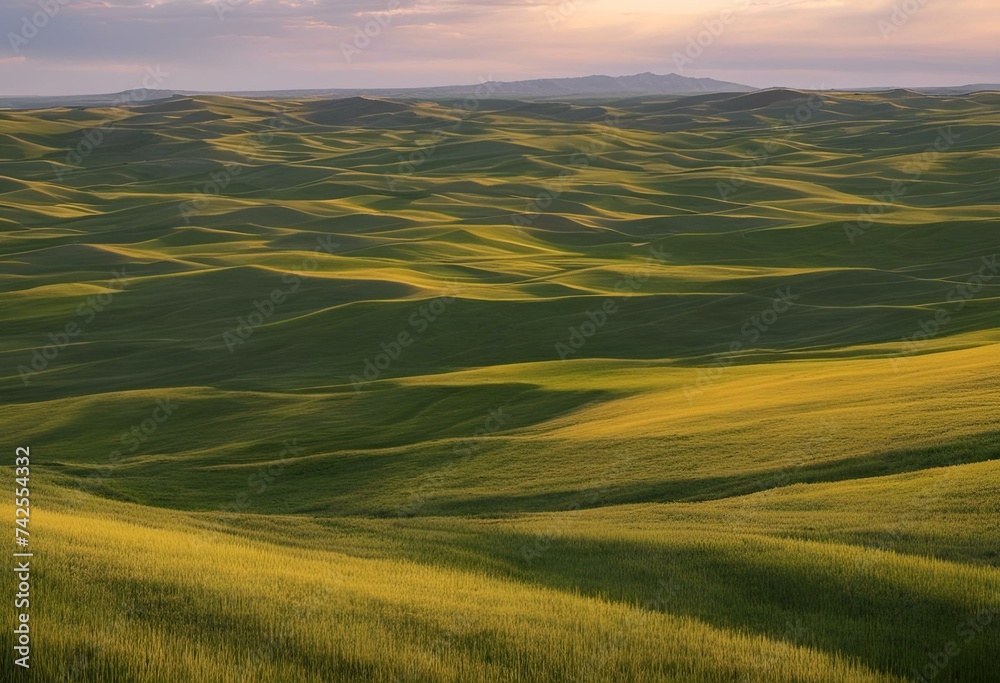 a vast field of grass that is surrounded by some hills