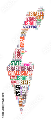 Israel country shape word cloud. Typography style country illustration. Israel image in text cloud style. Vector illustration.