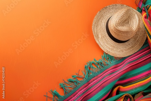 Vibrant orange background with a straw hat and colorful Mexican sarape.