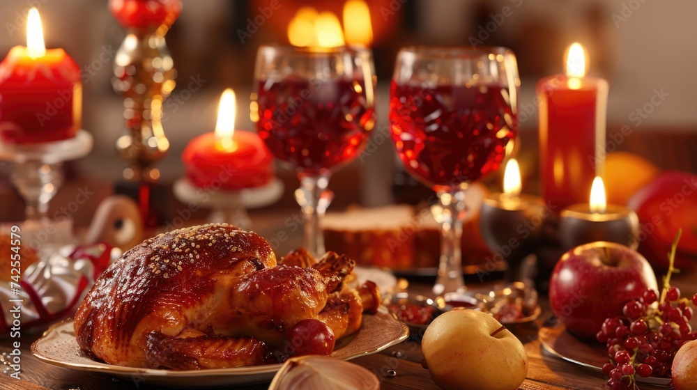 Festive Dinner Table Setting with Roasted Chicken and Red Wine