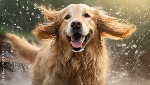 A cute fluffy golden retriver dog running in the river on a summer day in nature. The concept of vacation, travel, pet products photo