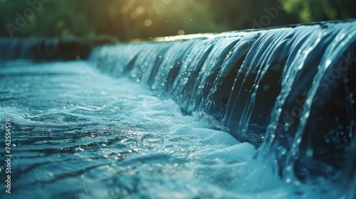 Sunlight dances on the serene flow of a small waterfall, creating a peaceful and refreshing scene in a natural setting.