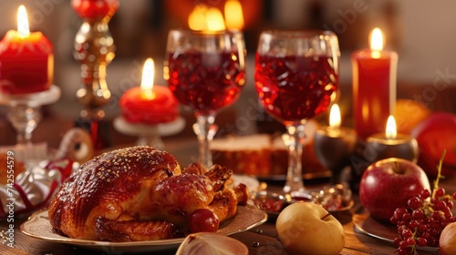 Festive Dinner Table Setting with Roasted Chicken and Red Wine