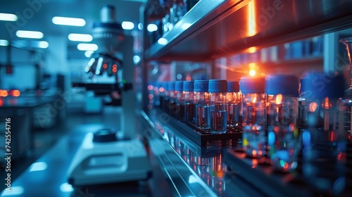 A contemporary research lab with test tubes and samples, illuminated by blue and orange lights.