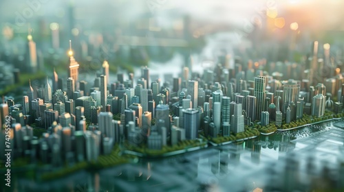 A model city bathed in a warm, golden sunrise glow, depicting a serene yet modern urban environment.