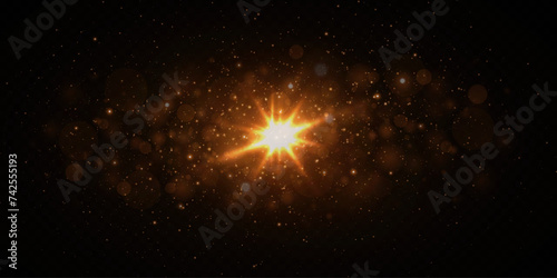 Explosion of light effect on small particles. The glare of a star and the flickering of dust particles.