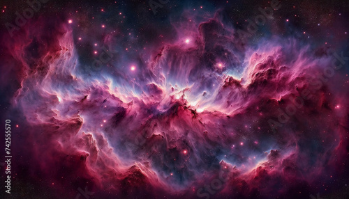  A vast cosmic scene of a nebula with rich hues of pink and purple filling the expanse. Stars are scattered across the firmament, , dust, exploration, clouds, beautiful, panorama, purple, color