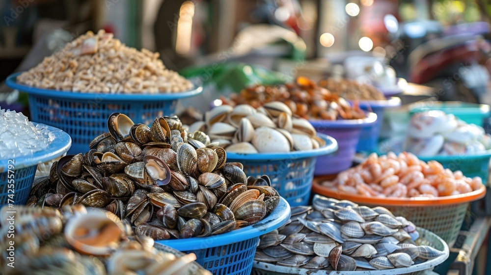 Assorted seafood display at a traditional market.