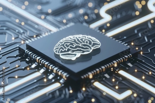 AI Brain Chip architecture. Artificial Intelligence memory mind visual simulation axon. Semiconductor scalability circuit board superior colliculus photo