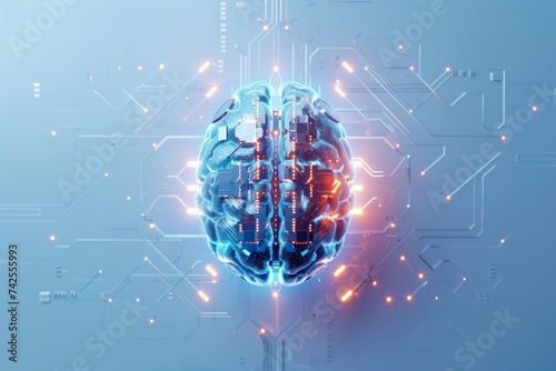 AI Brain Chip computer. Artificial Intelligence diffusion mind penetration testing axon. Semiconductor eeg circuit board axon degeneration inhibitors photo