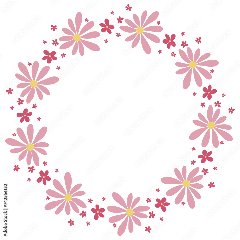 Spring floral wreath clip art. Cute floral round headband with copy space. Hand drawn wild flowers circular frame, vector graphic