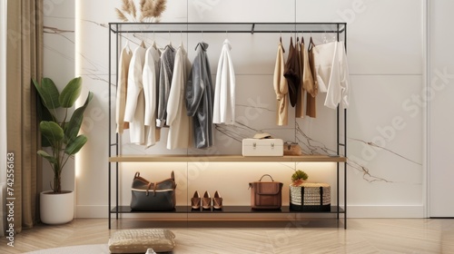 Modern wardrobe with clothes and accessories.