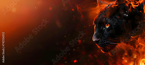 Panther king in fire, Portrait on blurred fire background, Danger concept, empty space for text or logo. digital art